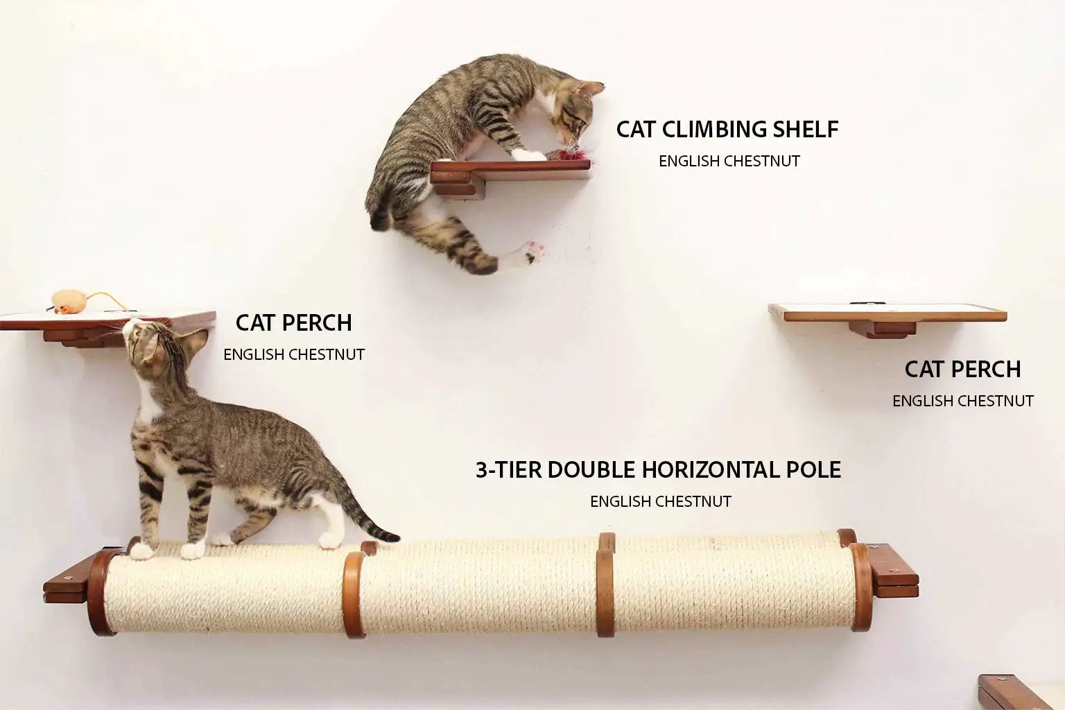 Cat Perch wall-mounted shelves in English Chestnut; 2 perches, a climbing shelf, and 3-tier rope pole