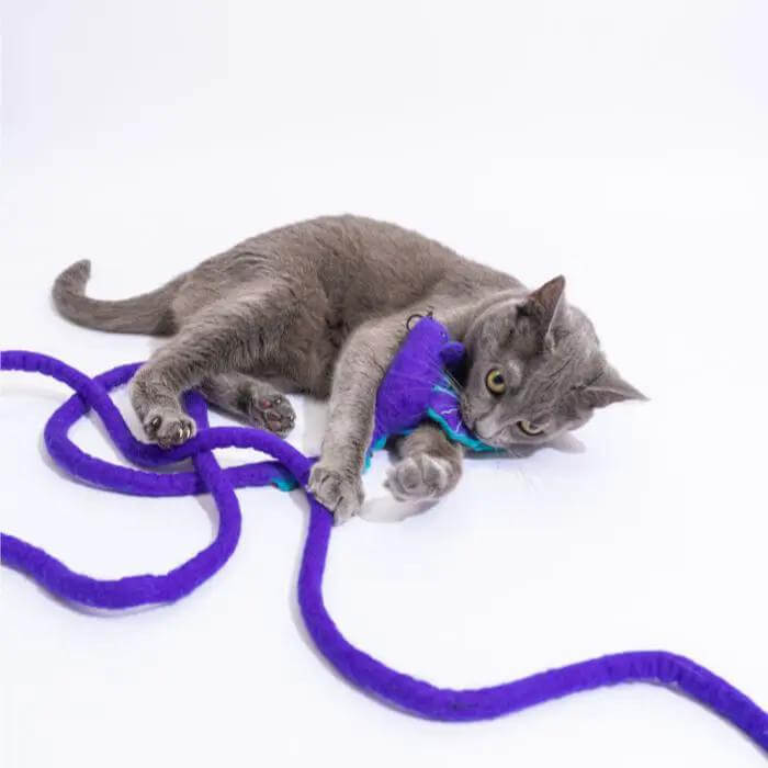 Catch a Mouse by the Tail wool cat toy in purple with a long rope tail