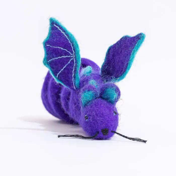 Catch a Mouse by the Tail wool cat toy, purple mouse with teal felt wings.