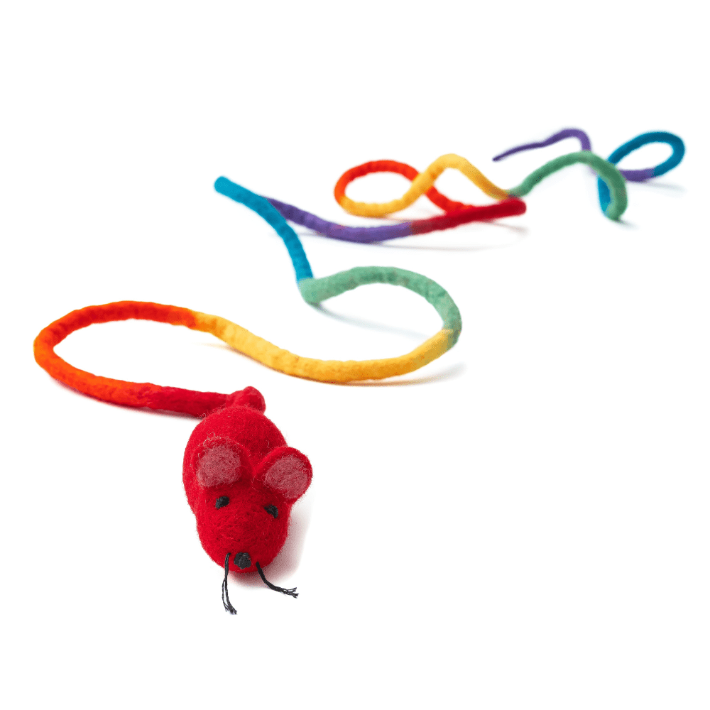 Catch a Mouse by the Tail wool cat toy with a red felt mouse and a rainbow fuzzy tail.