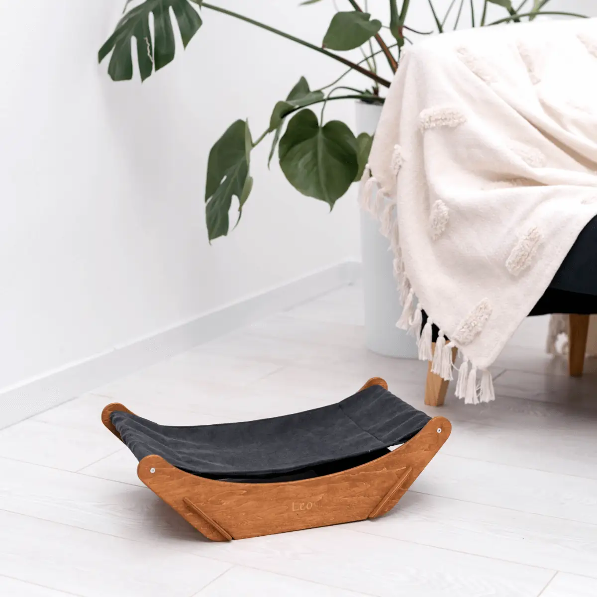 Floor Cat Hammock with natural wood frame and black fabric; Enjoy The Wood B2B.