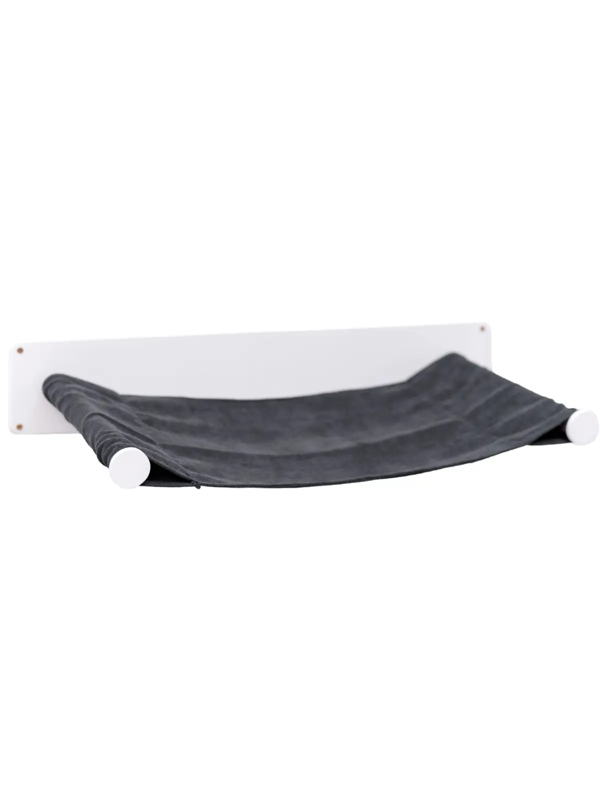 Cat hammock shelf by Enjoy The Wood B2B; white wall-mount board with dark gray fabric hammock.