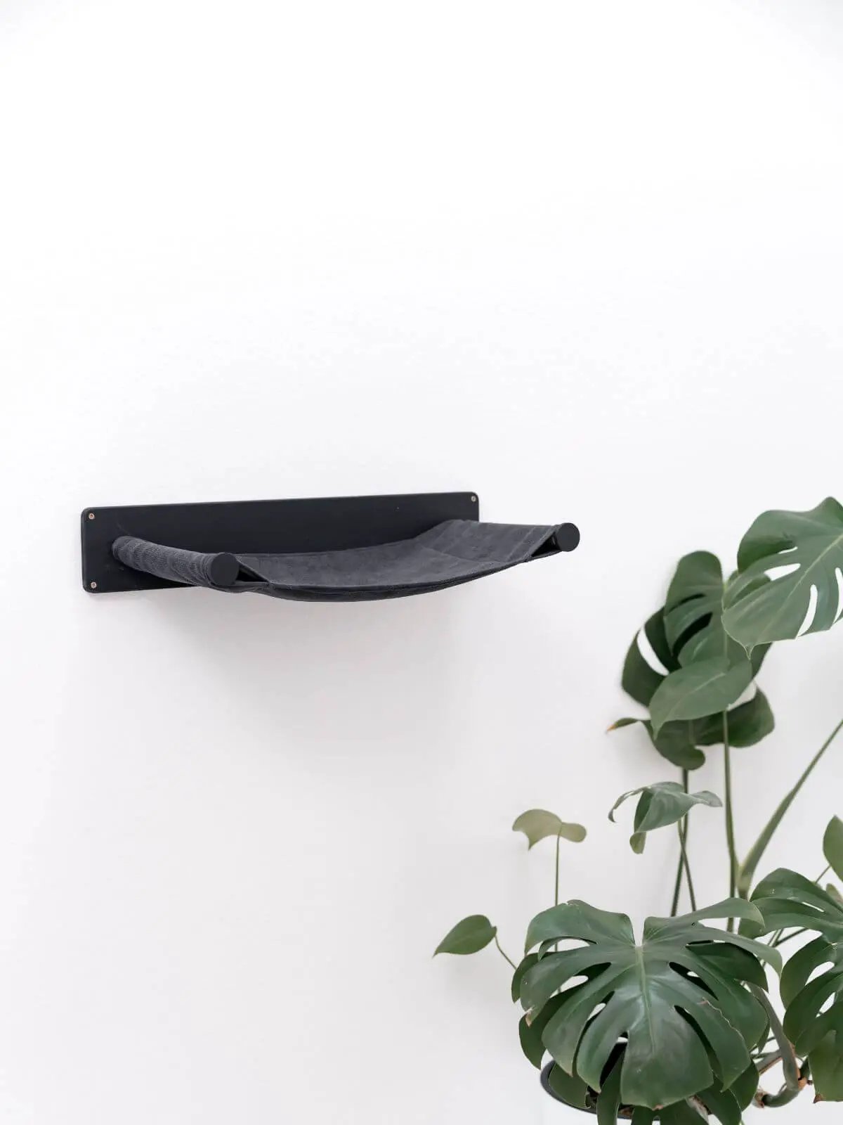 Cat hammock shelf wall mount; black metal base with gray fabric hammock, Enjoy The Wood B2B