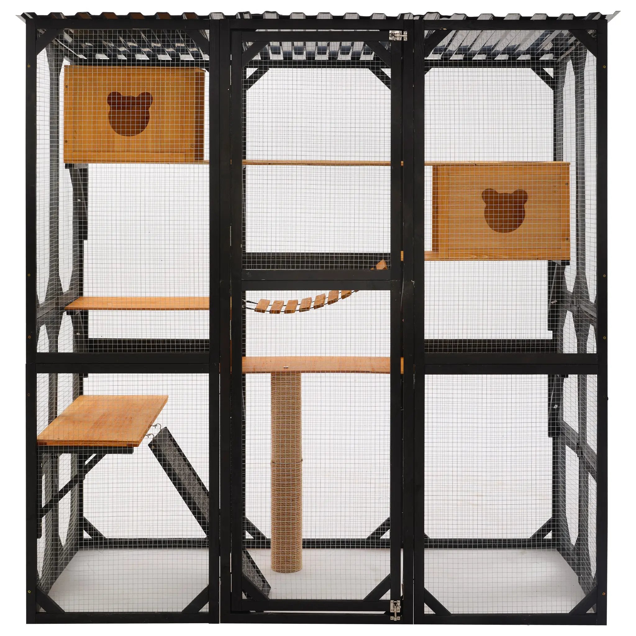 Outdoor cat enclosure with black frame, two brown wooden sleeping houses, multiple platforms, and a sisal scratching post