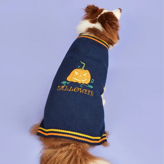 New Halloween Pumpkin Pet Sweater in blue; navy knit with pumpkin and HALLOWEEN embroidery and orange trim.