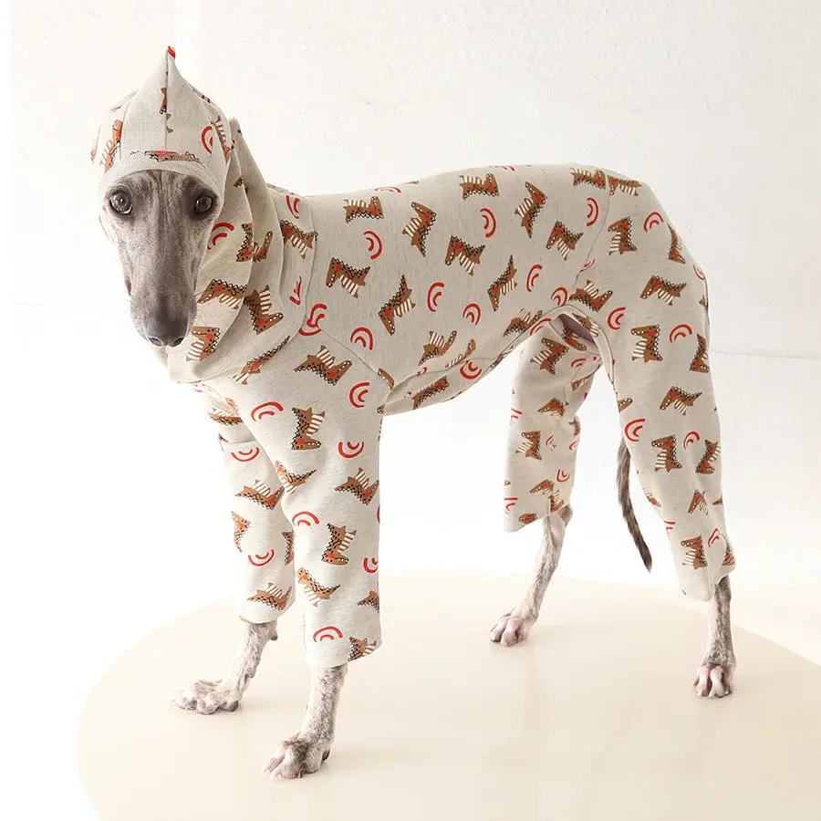 Whippet and Greyhound Dinosaur Cotton Pajamas by SOCKPET, hooded light-gray jumpsuit with brown dinosaur print.