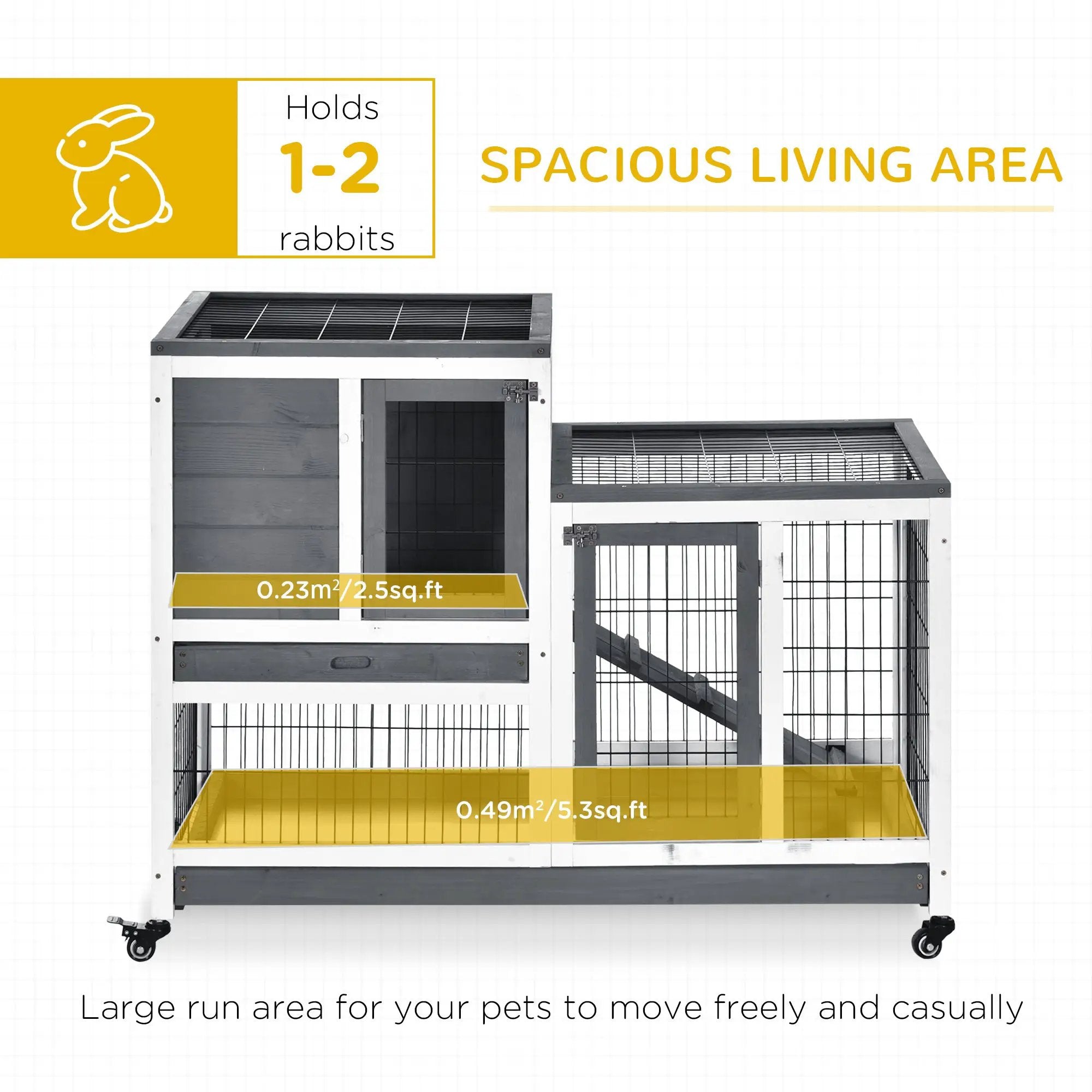 PawHut wooden rabbit hutch elevated bunny cage; gray and white with yellow tray; holds 1-2 rabbits; two cages shown