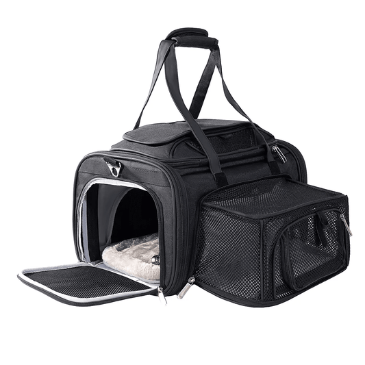 Mr. Peanut's Gold Series Expandable V3.0 Pet Carrier, black with mesh panels and plush interior for air travel