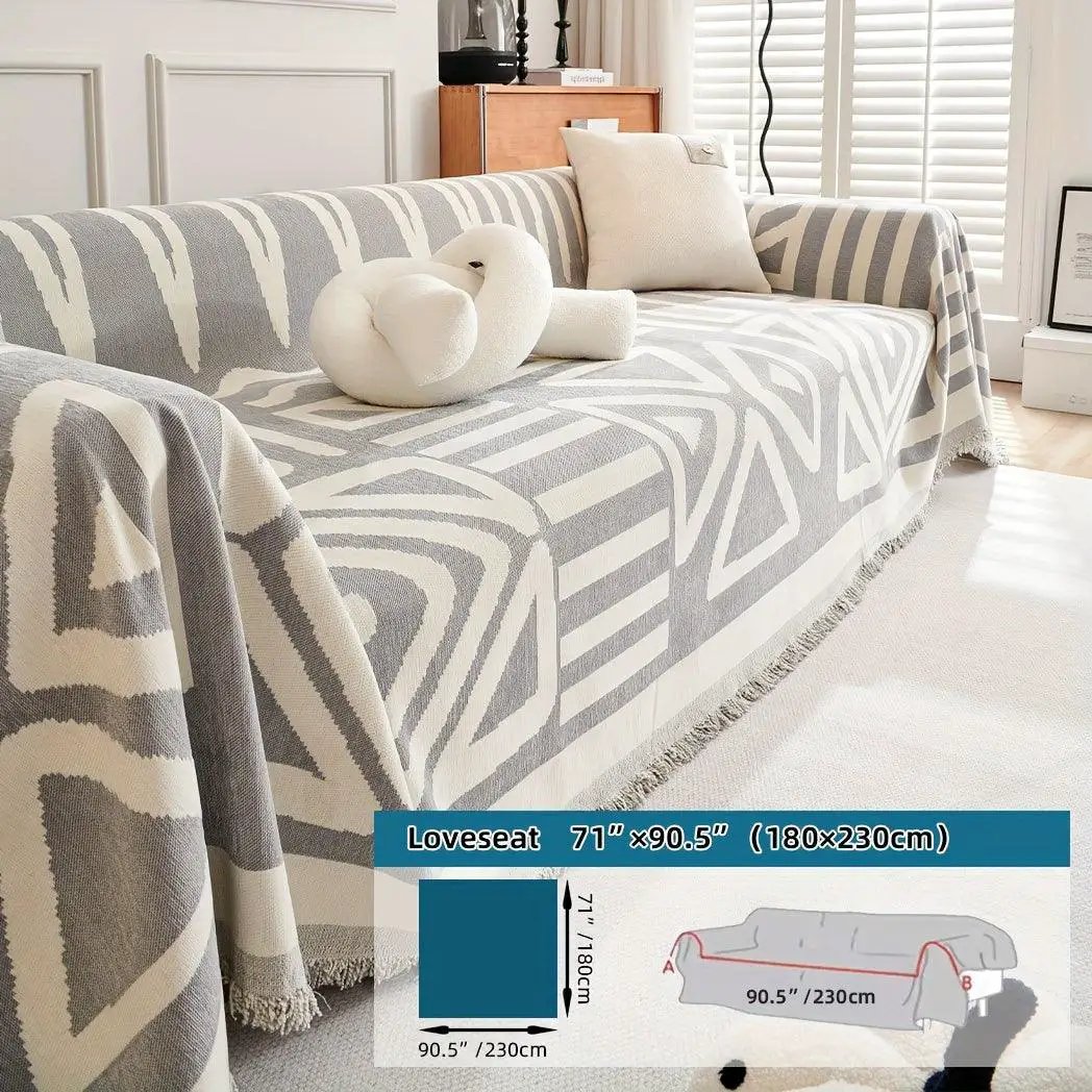 topspet Bohemian chenille loveseat couch cover in gray and cream; anti-dog-scratch, extra-long
