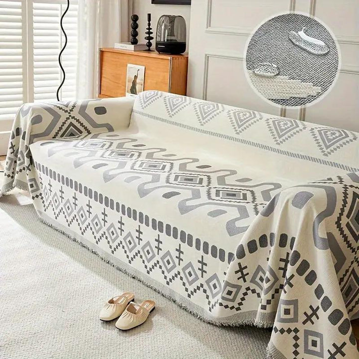 Premium chaise lounge couch cover, waterproof, extra large 180x300, beige and gray geometric pattern