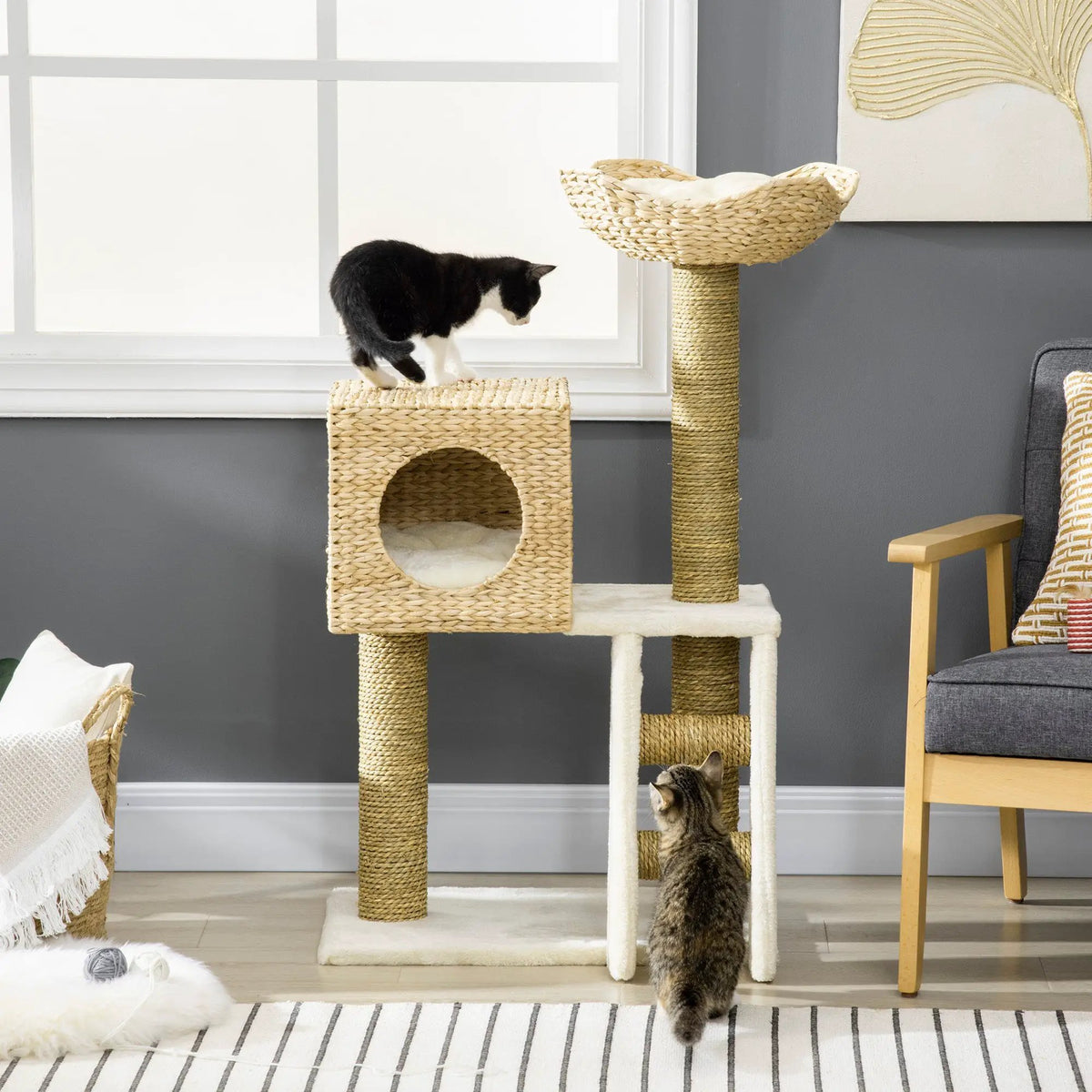 Cattail Weave Cat Tree for Indoor Cats with natural rattan basket and sisal posts; 2 cats.