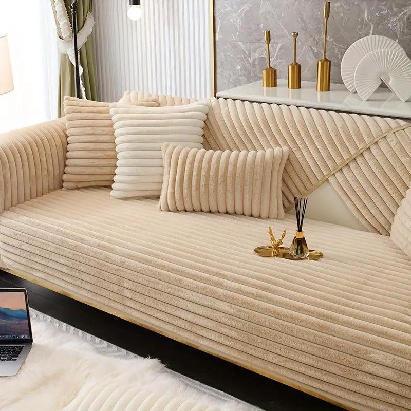 Luxurious rabbit fur sofa slipcover; ribbed light beige fabric, non-slip for dogs