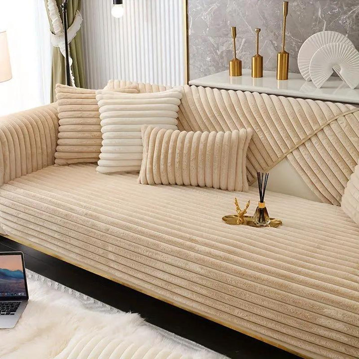 Luxurious rabbit fur sofa slipcover; ribbed light beige fabric, non-slip for dogs