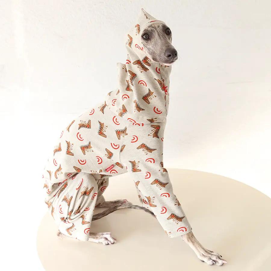 SOCKPET Whippet and Greyhound Dinosaur Cotton Pajamas, cream hooded dog costume with dinosaur print