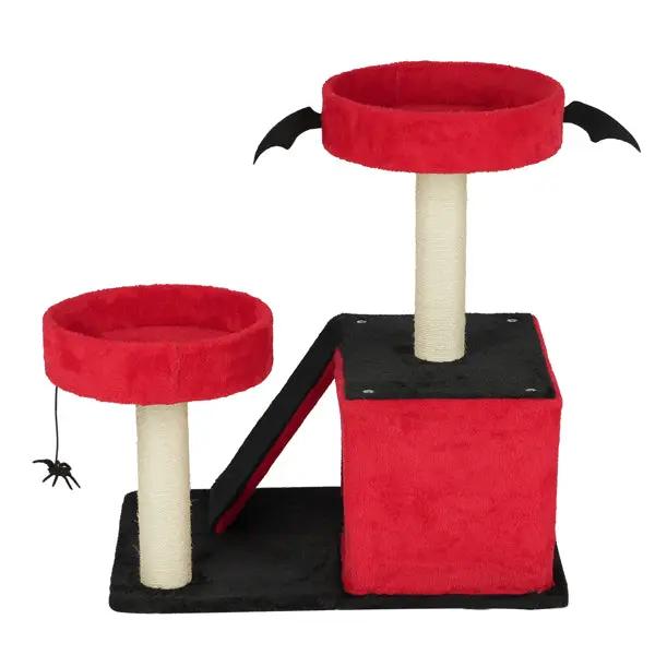 Pear Daisy Gothic Halloween Cat Climbing Frame red and black cat tree with two perches, ramp and bat-wing accents
