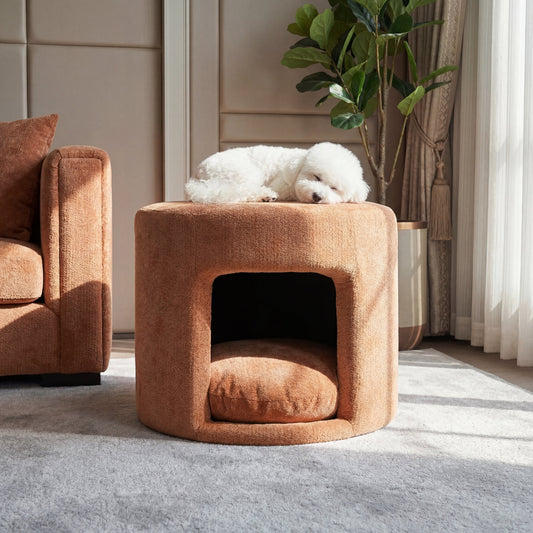 Orange pet-friendly ottoman with removable cushion; dog resting on top by Home Furnishers