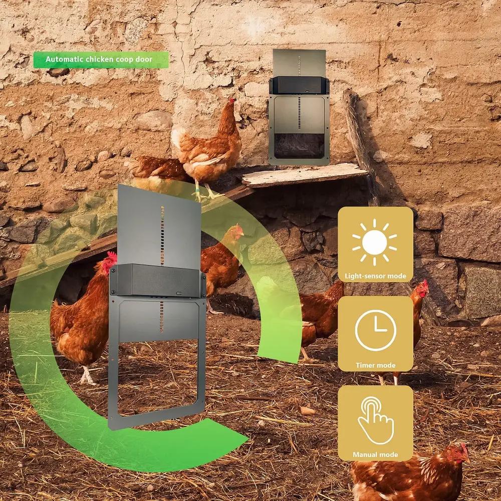 Farmight Automatic Chicken Coop Door, aluminum; two doors shown with light, timer, and manual mode icons