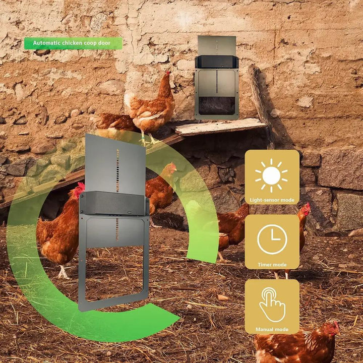 Farmight Automatic Chicken Coop Door, aluminum; two doors shown with light, timer, and manual mode icons