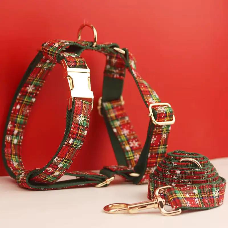 Festive Pets Christmas Plaid No Pull Dog Harness Set Collar Leash Personalized Engraved Buckle Tailored Fit by DDPaws