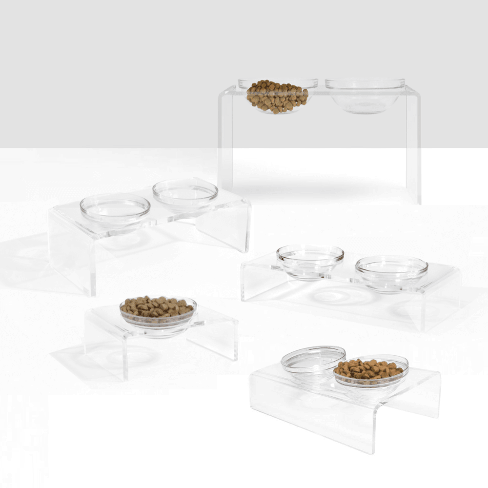 Hiddin Clear Acrylic Double Feeder with Glass Bowls – 3 in High