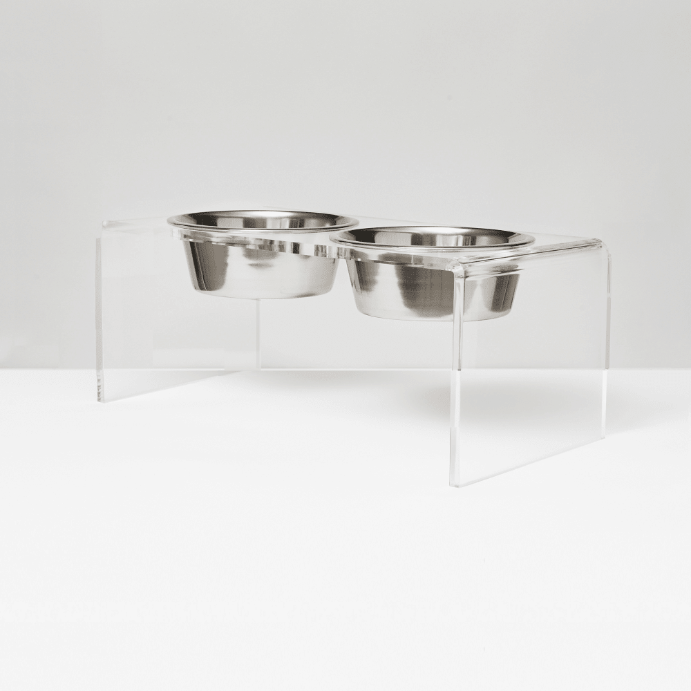 Hiddin Clear Acrylic Double Feeder with Silver Bowls – 7 in High