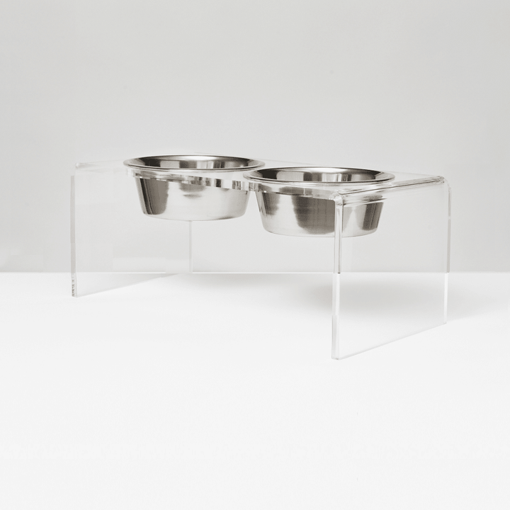 Hiddin Clear Acrylic Double Feeder with Silver Bowls – 7 in High