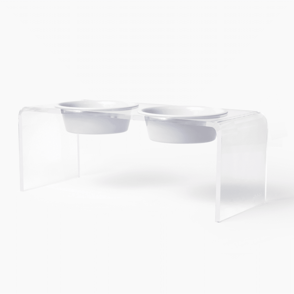Hiddin Clear Acrylic Double Feeder with White Bowls – 7 in High