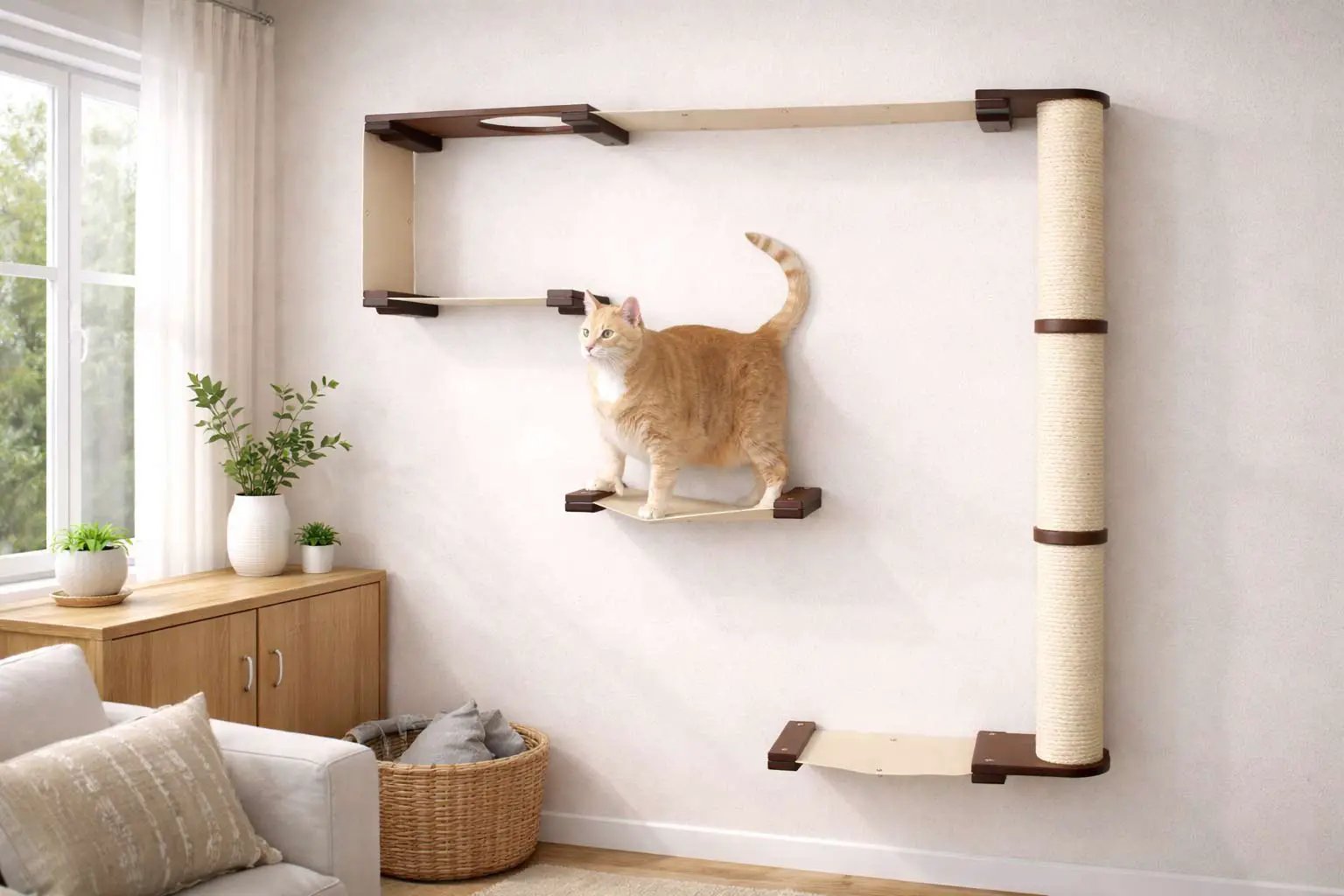 The Climb Condo cat wall climbing system by Catastrophic Creations; beige shelves with a sisal-wrapped post and a cat.
