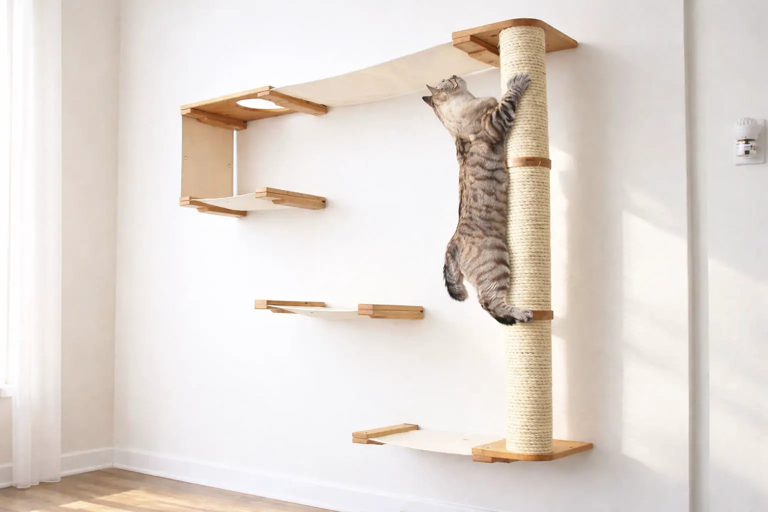 The Climb Condo cat wall climbing system by Catastrophic Creations, featuring a rope-wrapped post and wooden platforms.