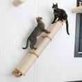 Carica l'immagine nel visualizzatore della galleria, Slanted Cat Scratcher for Wall by Catastrophic Creations; beige sisal ramp with wooden ends, two cats.
