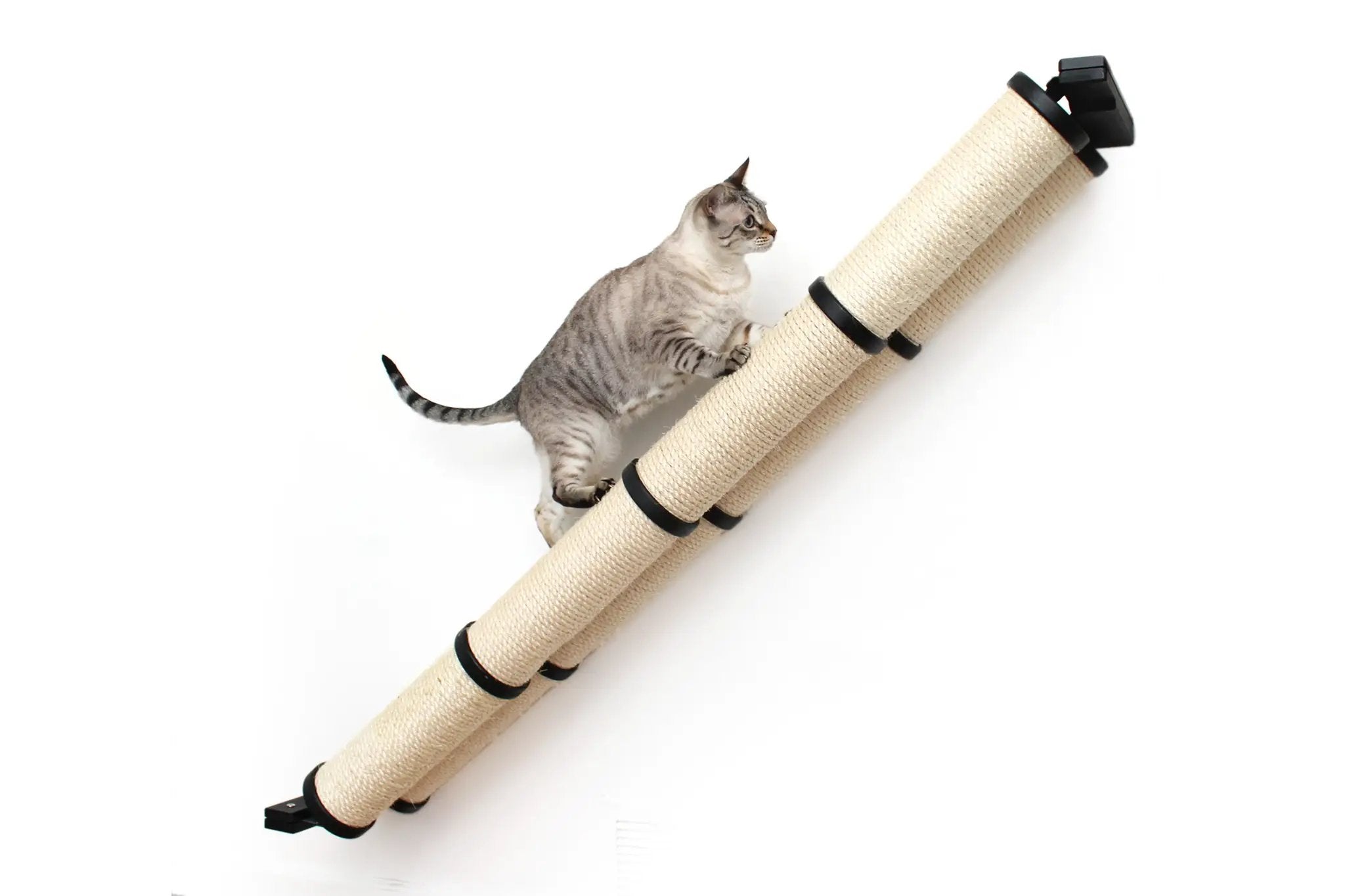 Slanted cat scratcher for wall mount with beige sisal-wrapped tubes and black end caps