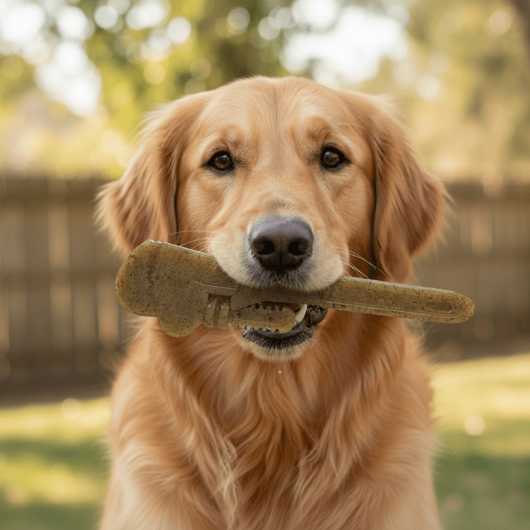 SodaPup Pipe Wrench nylon dog chew toy in yellow or brown, view 4