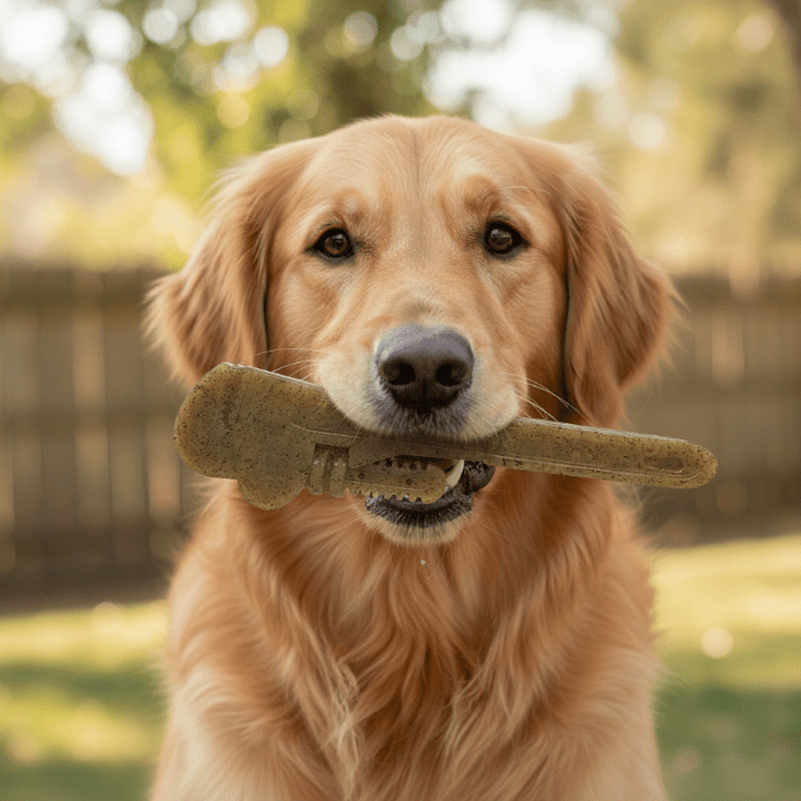 SodaPup Pipe Wrench nylon dog chew toy in yellow or brown, view 4
