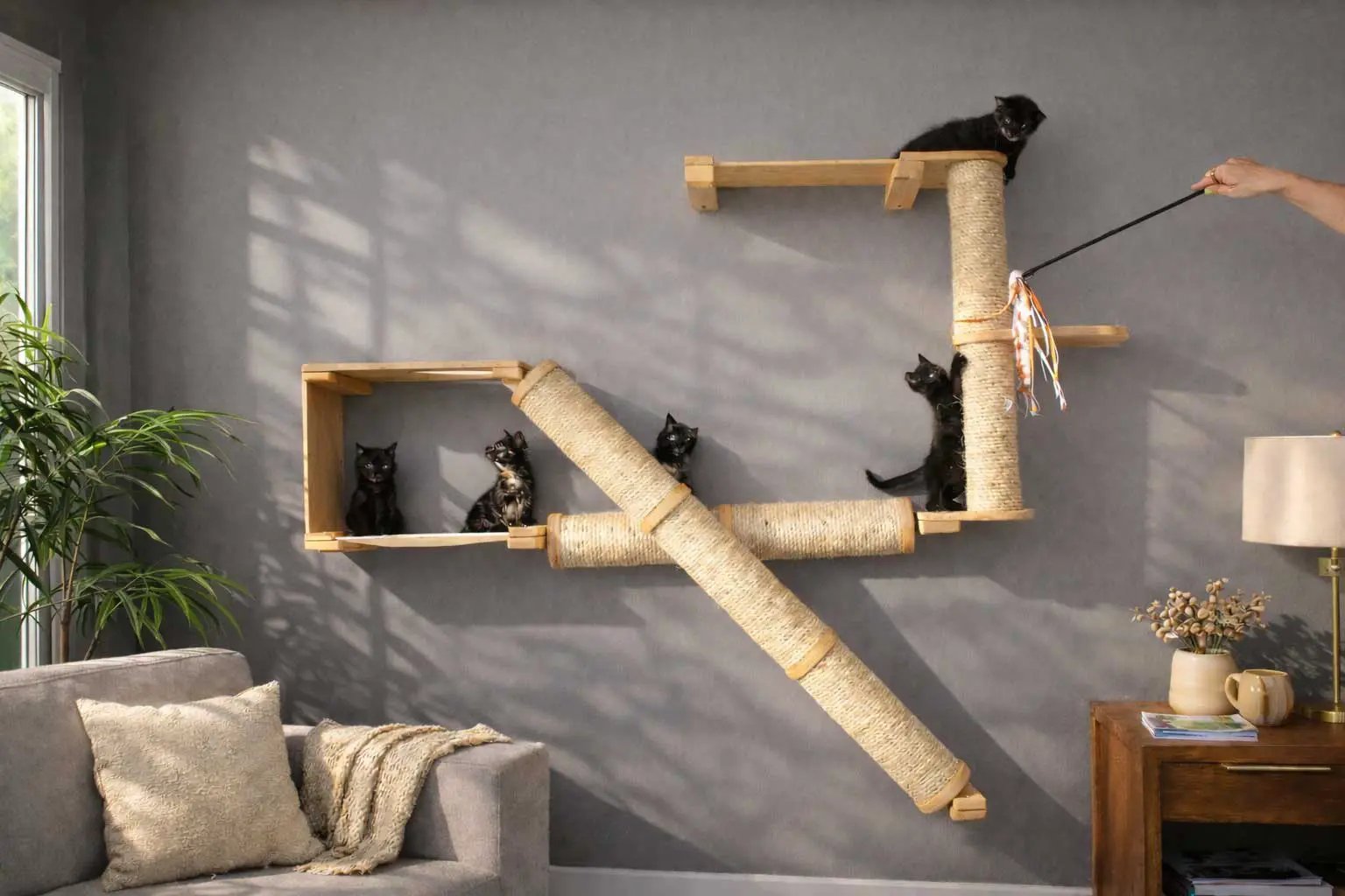 The Crossroads Cat Wall Scratcher Tree with Ramp, natural wood and sisal rope, multiple cats perched.