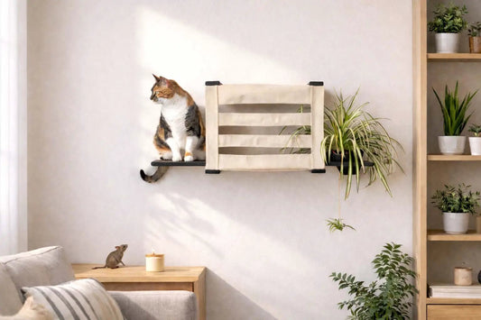 Deluxe Cat Cubby Bed by Catastrophic Creations, beige fabric wall-mounted cat condo.