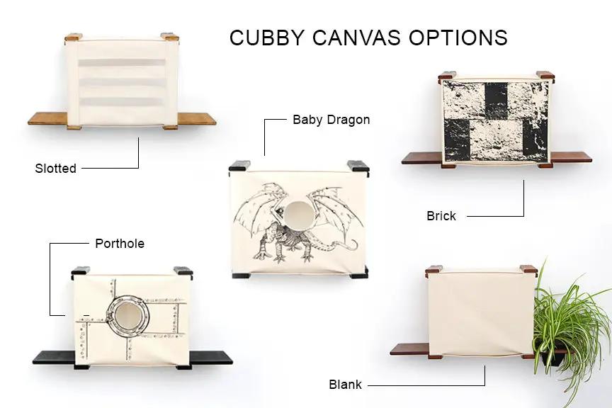 Cat Cubby for Wall covered cat bed with five canvas options: slotted, porthole, brick, baby dragon, blank