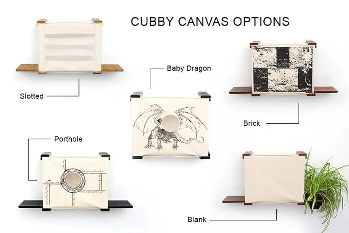 Deluxe Cat Cubby Bed canvas options (5): Baby Dragon, Slotted, Porthole, Brick, Blank; by Catastrophic Creations.
