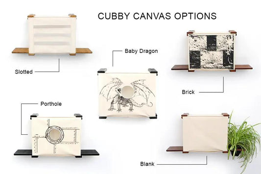 Enclosed Cat Bed Cat Wall Cubby with five canvas options and wood shelves: Slotted, Porthole, Baby Dragon, Brick, Blank.