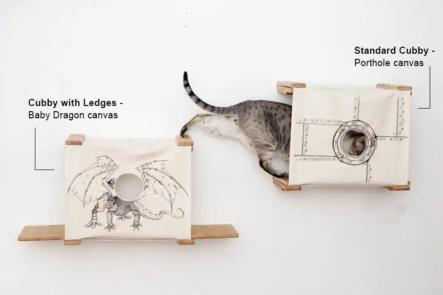 Cat Cubby for Wall - Covered Cat Bed by Catastrophic Creations, cubbies with wood ledges, dragon & porthole canvases