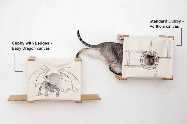 Cat Cubby for Wall - Covered Cat Bed by Catastrophic Creations, cubbies with wood ledges, dragon &amp; porthole canvases
