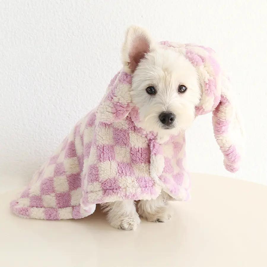 Small Dog Flannel Cape Towel in pink and white check plush fabric