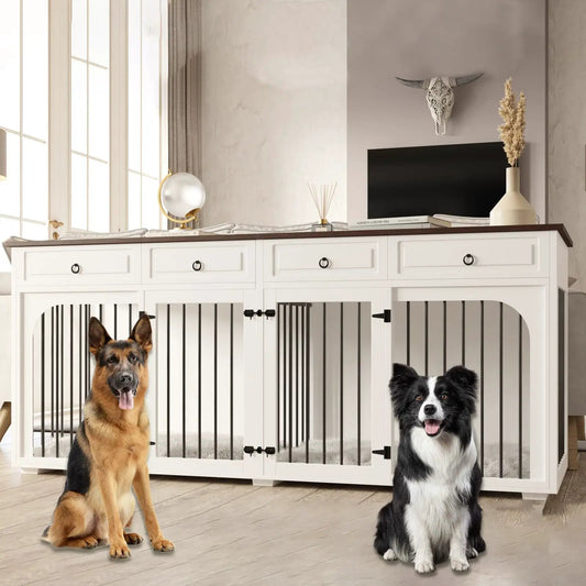 86.6" Large Dog Crate Furniture for 2 DogsXXXL Wooden Furniture Style Double Dog Crates Kennel Cage TV Stand End Table with 4 Drawers Divider LocksWhite - from For Animals, With Love