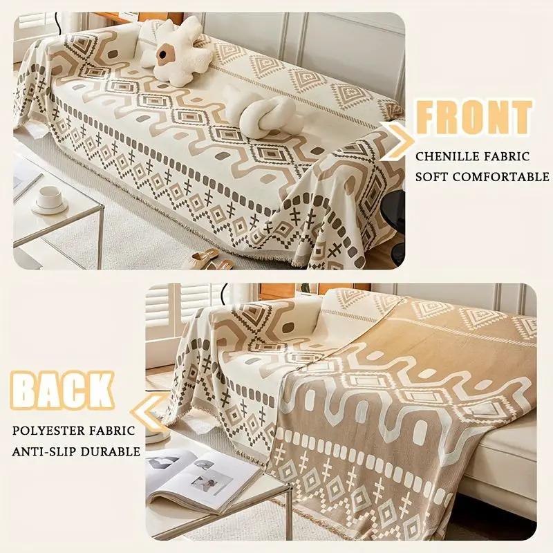Premium chaise lounge couch cover, beige geometric chenille fabric, waterproof, extra large 180x300 cm