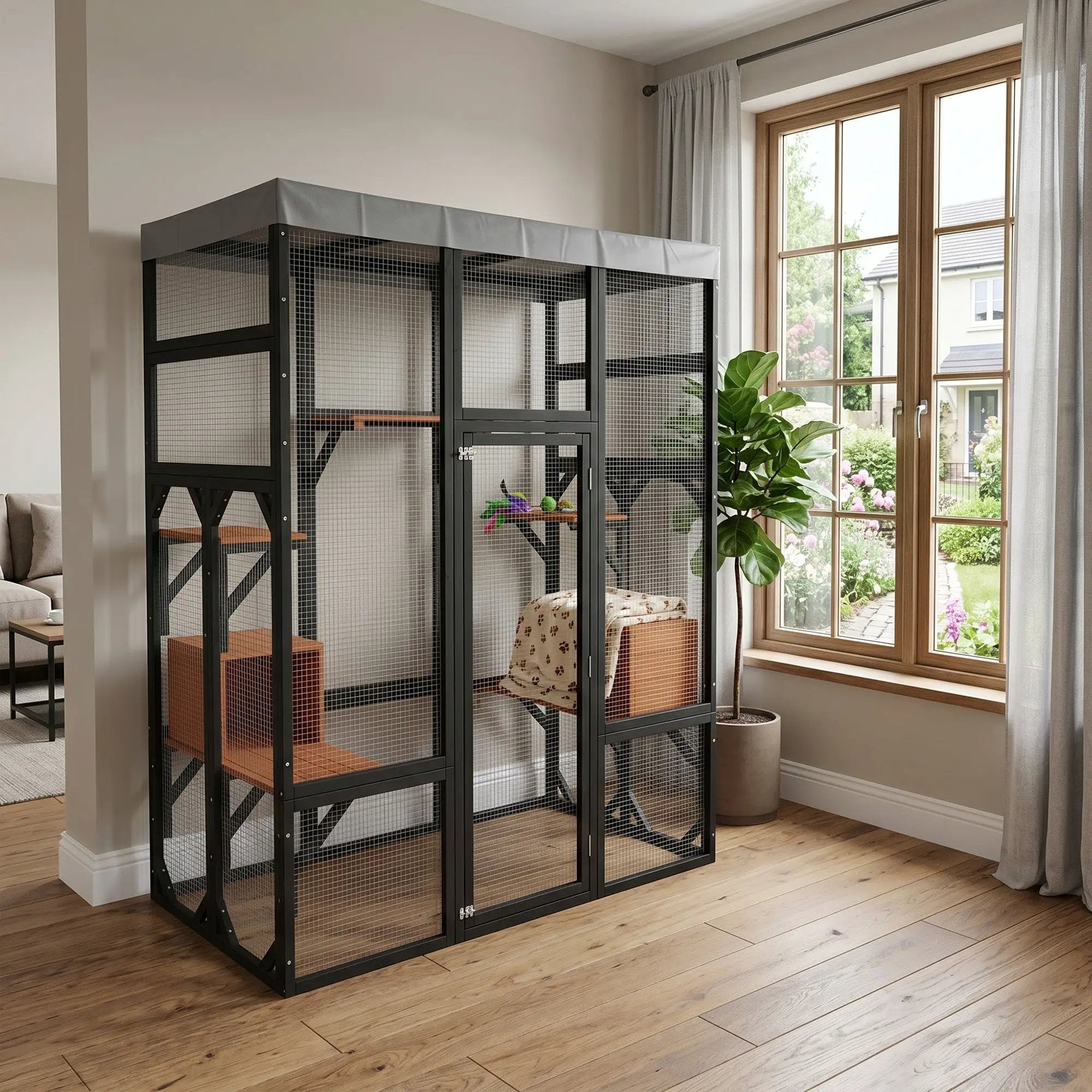 Premium Solid Wood Pet Enclosure with black frame, wire-mesh panels, and gray top cover