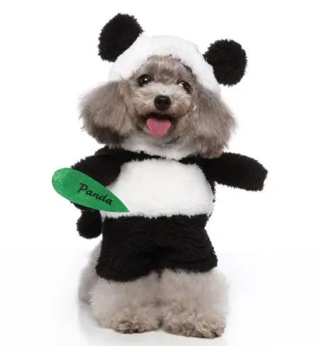 Pet Zen panda dog costume; black and white plush standing outfit with panda ears.