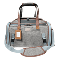 Load image into Gallery viewer, Mr. Peanut's Gold Series Mini Expandable V3.0 Pet Carrier, gray fabric with brown straps and light blue trim, airline-approved.
