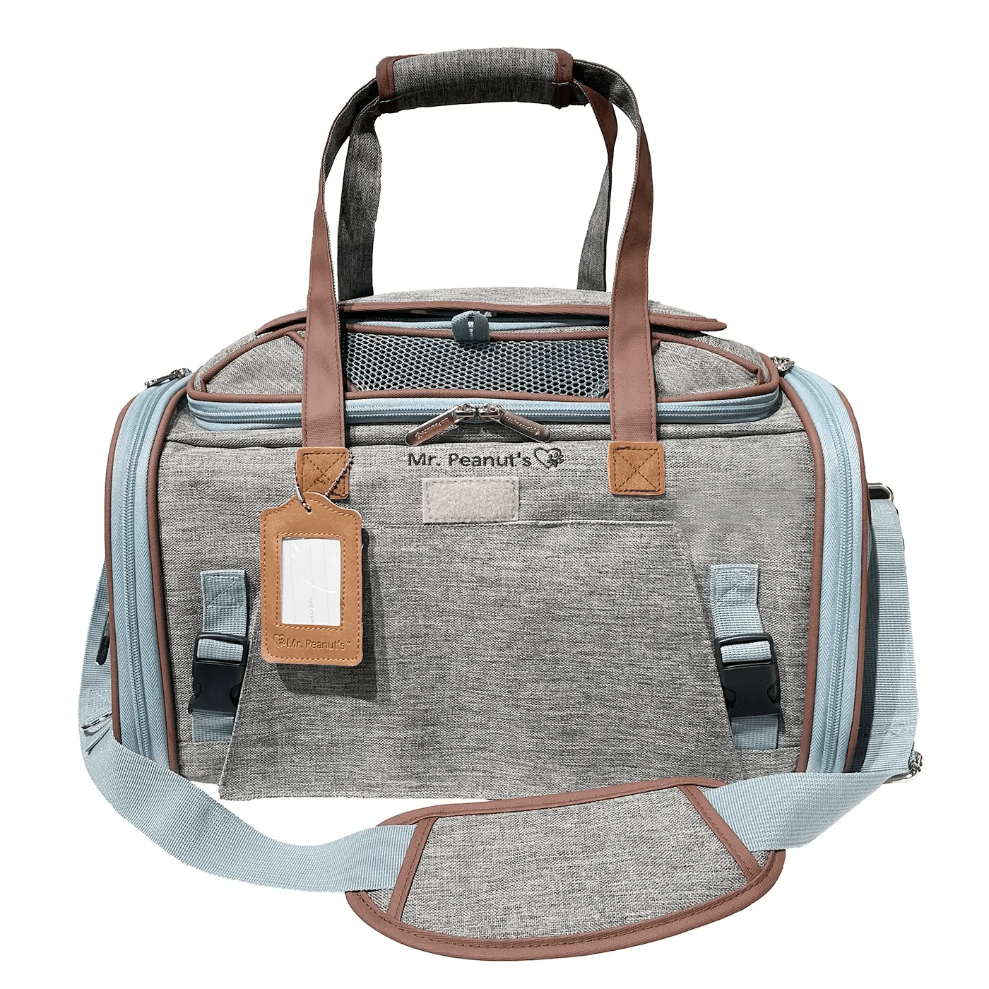 Mr. Peanut's Gold Series Mini Expandable V3.0 Pet Carrier, gray fabric with brown straps and light blue trim, airline-approved.