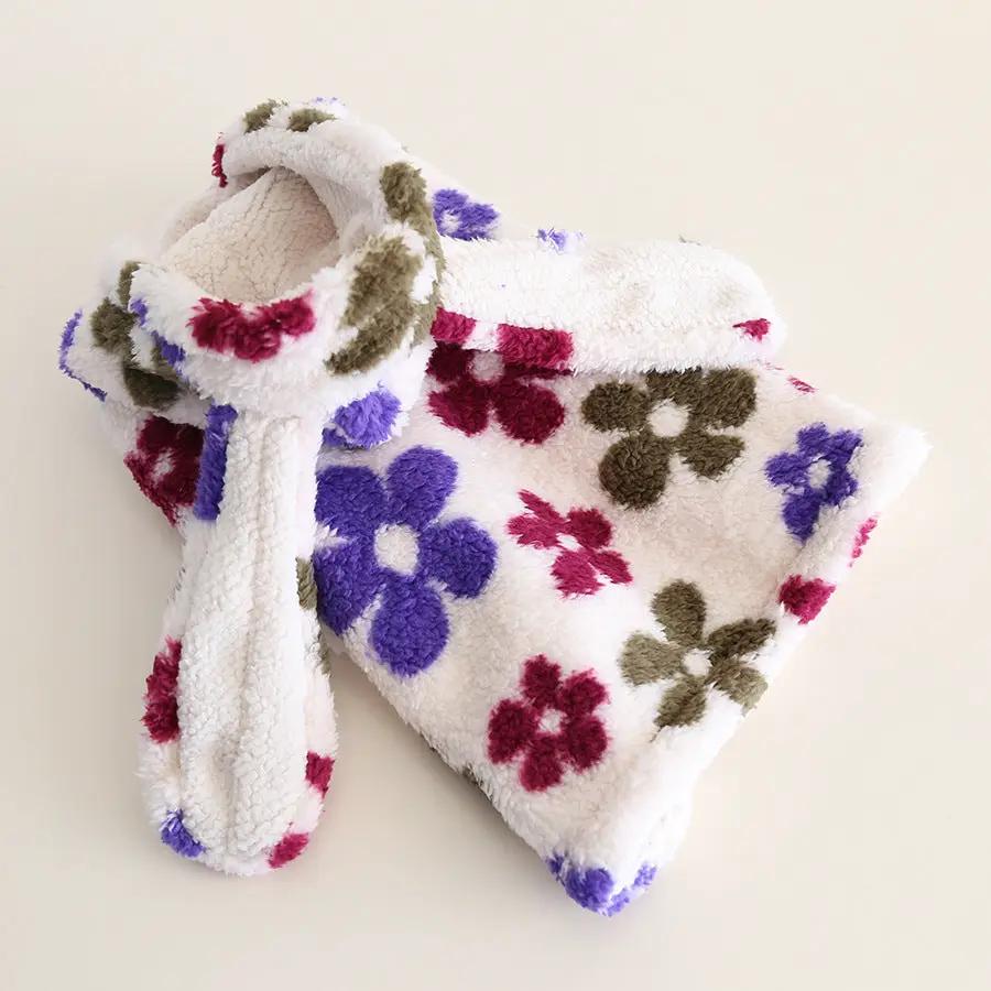 Small Dog Flannel Cape Towel by SOCKPET; white plush fabric with purple, burgundy, and olive floral print