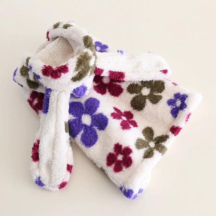 Small Dog Flannel Cape Towel by SOCKPET; white plush fabric with purple, burgundy, and olive floral print