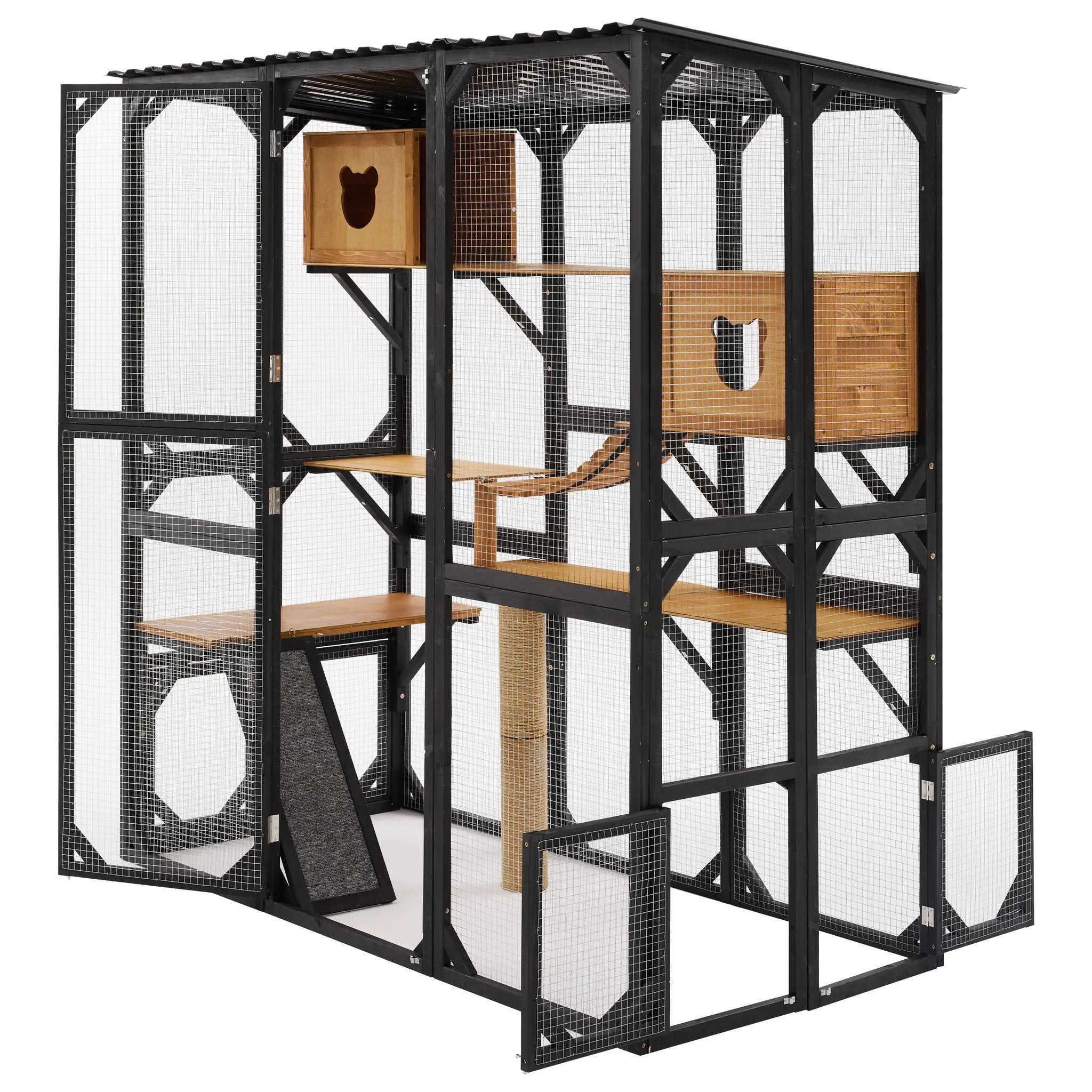 Outdoor Cat Enclosure Fir Wood Catio in black and brown with sleeping houses, jumping platforms and scratching post